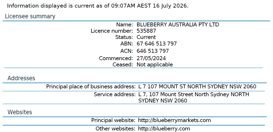 ASIC register record showing Blueberry Australia Pty Ltd holding current AFSL 535887, commenced 27 May 2024