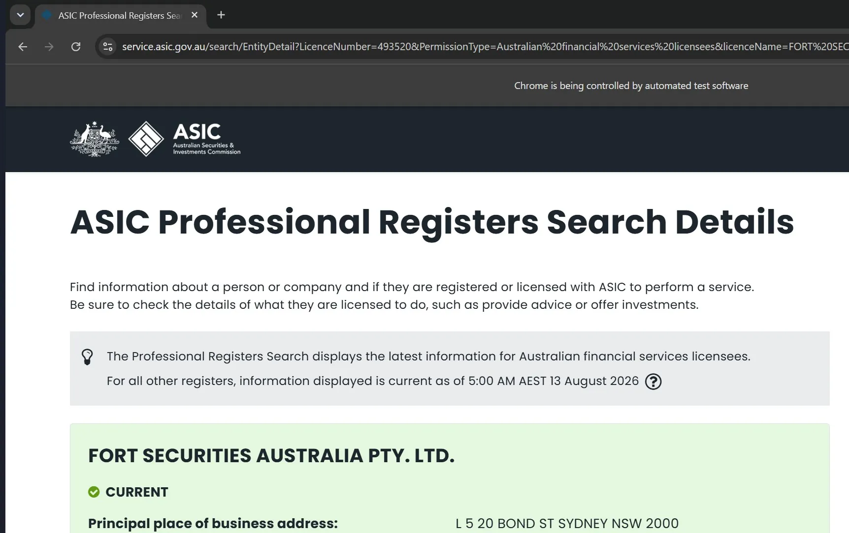 ASIC professional registers record showing FORT SECURITIES AUSTRALIA PTY. LTD. with status CURRENT at L 5 20 Bond St Sydney NSW 2000