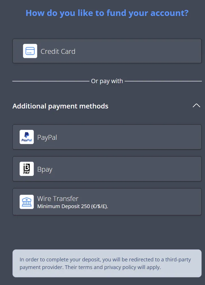 Fortrade deposit method list for an Australian account showing credit card, PayPal, BPAY and wire transfer