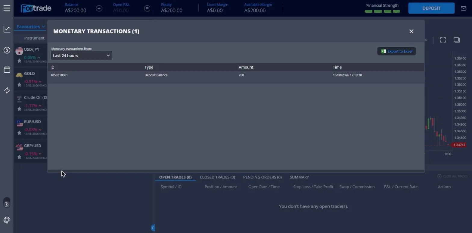 Fortrade Monetary Transactions report showing one entry, deposit balance of 200 credited at 17:18 on 13 August 2026