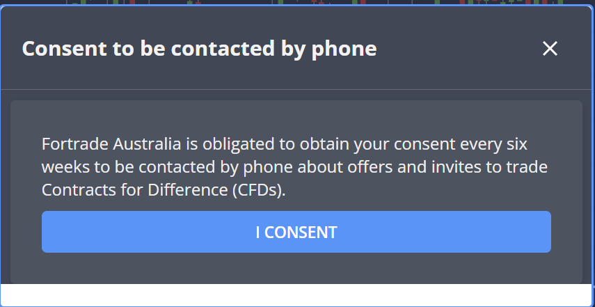 Fortrade modal headed Consent to be contacted by phone, stating consent is obtained every six weeks for calls about offers and invites to trade CFDs, with a single I CONSENT button