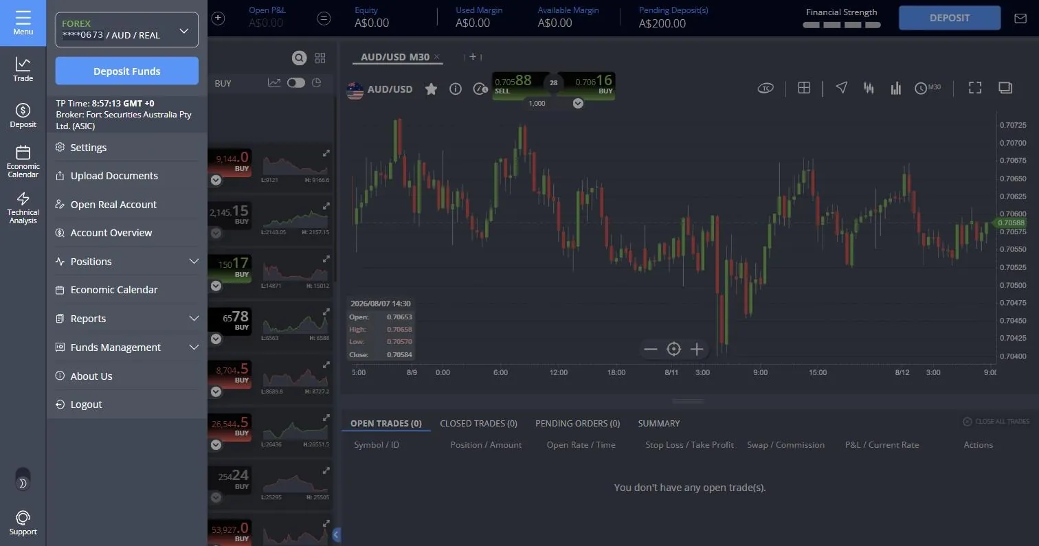 Fortrade platform menu showing the account selector reading ****0673 AUD REAL and the broker string Fort Securities Australia Pty Ltd. (ASIC)