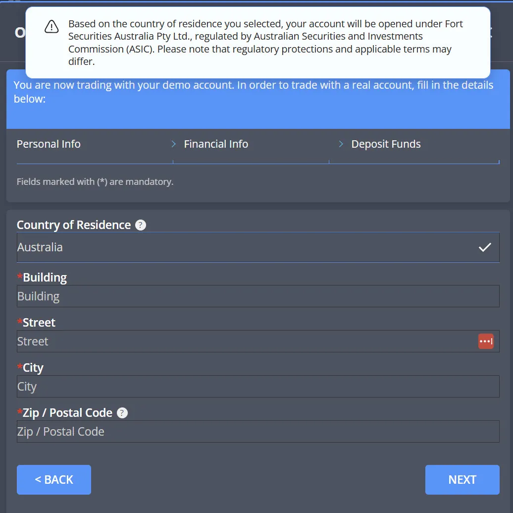 Fortrade account application showing a banner stating the account will be opened under Fort Securities Australia Pty Ltd, regulated by ASIC, above the address fields