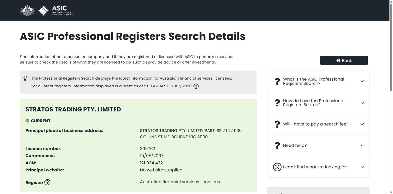 ASIC professional registers record showing Stratos Trading Pty. Limited holding current AFSL 309763, commenced 15 May 2007