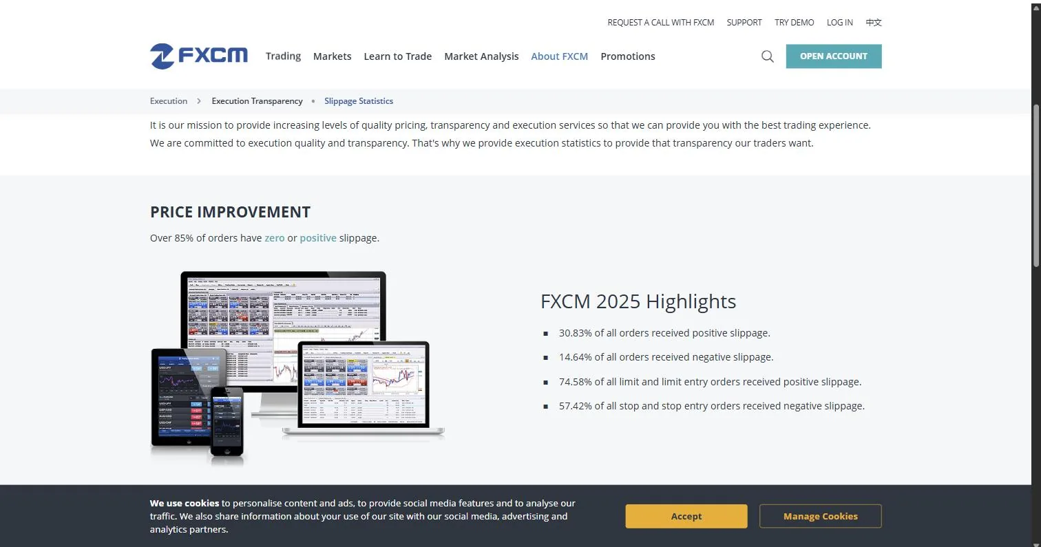 FXCM 2025 execution statistics page showing over 85 percent of orders filled with zero or positive slippage