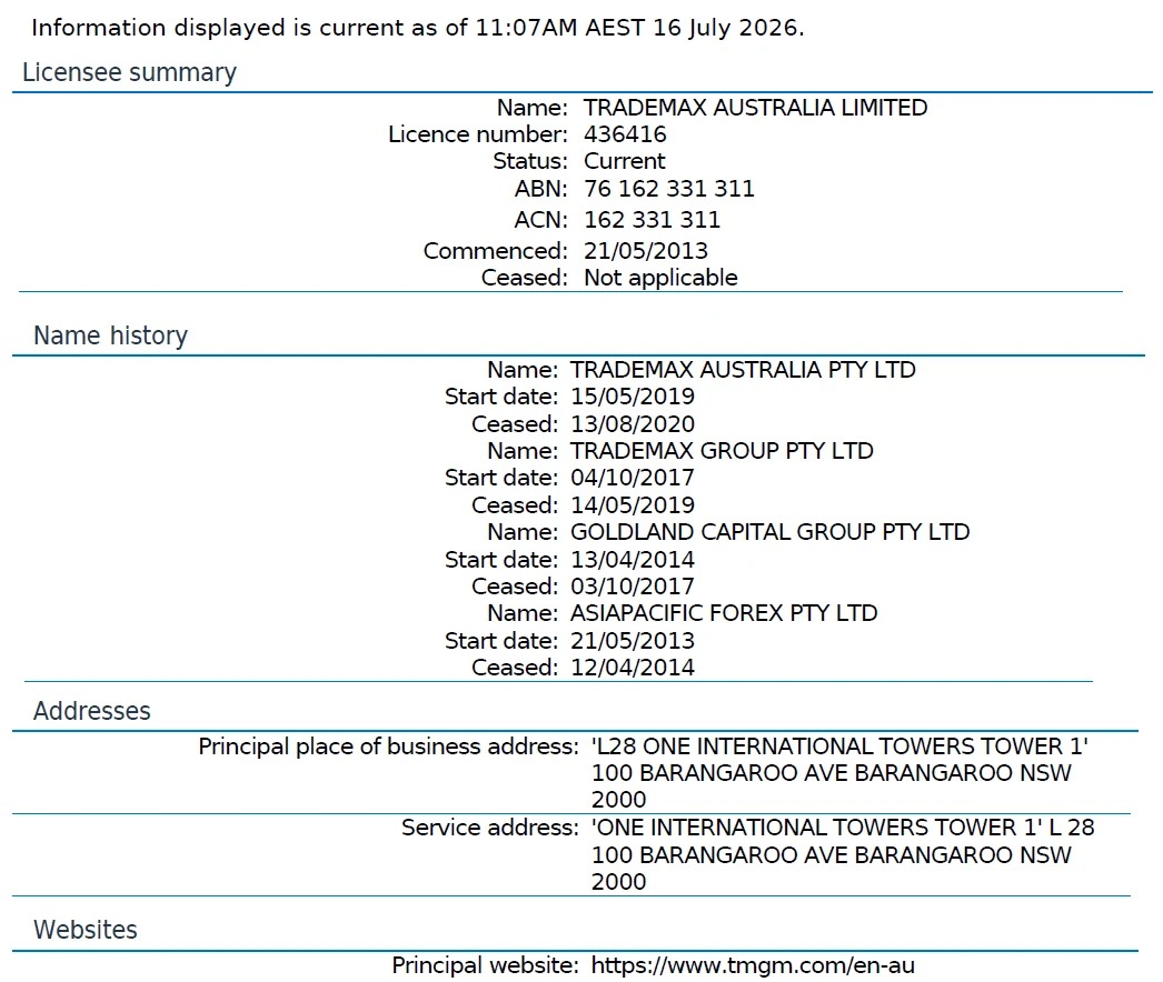 ASIC register record showing Trademax Australia Limited holding current AFSL 436416, commenced 21 May 2013
