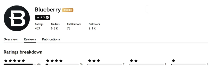 TradingView profile for Blueberry Markets showing 4.3 out of 5 from 453 ratings, captured August 2026
