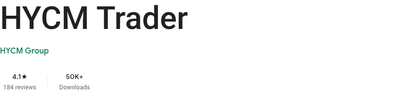 Google Play listing for HYCM Trader showing 4.1 out of 5 from 184 reviews, captured August 2026