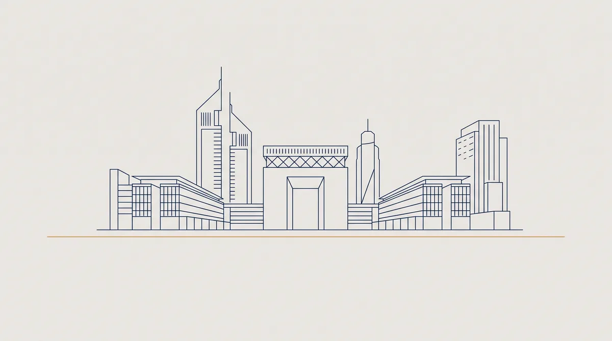 Line drawing of the Dubai International Financial Centre, marking a DIFC licence