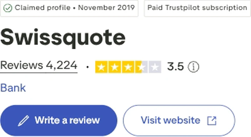 Trustpilot profile for Swissquote showing 3.5 out of 5 from 4,224 reviews, captured August 2026